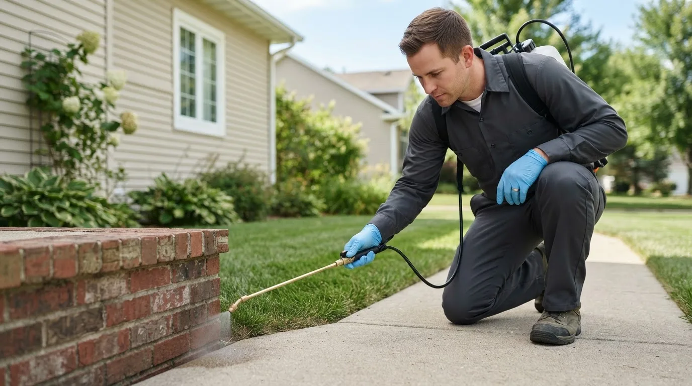 Pest control technician treating a home near Vestaburg, PA